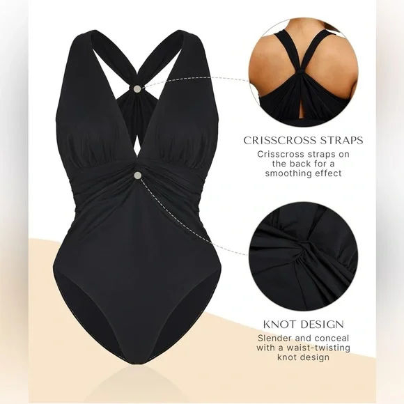 SHAPELLX Women's One Piece Swimsuit Tummy Control Ruched Full Coverage V Neck - Picture 3 of 9